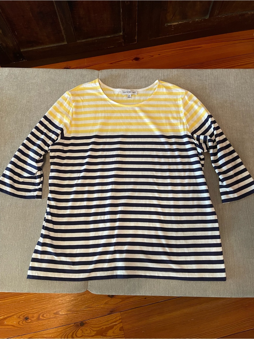Southern Lady Yellow Navy and White Striped 3/4 Sleeve Tee